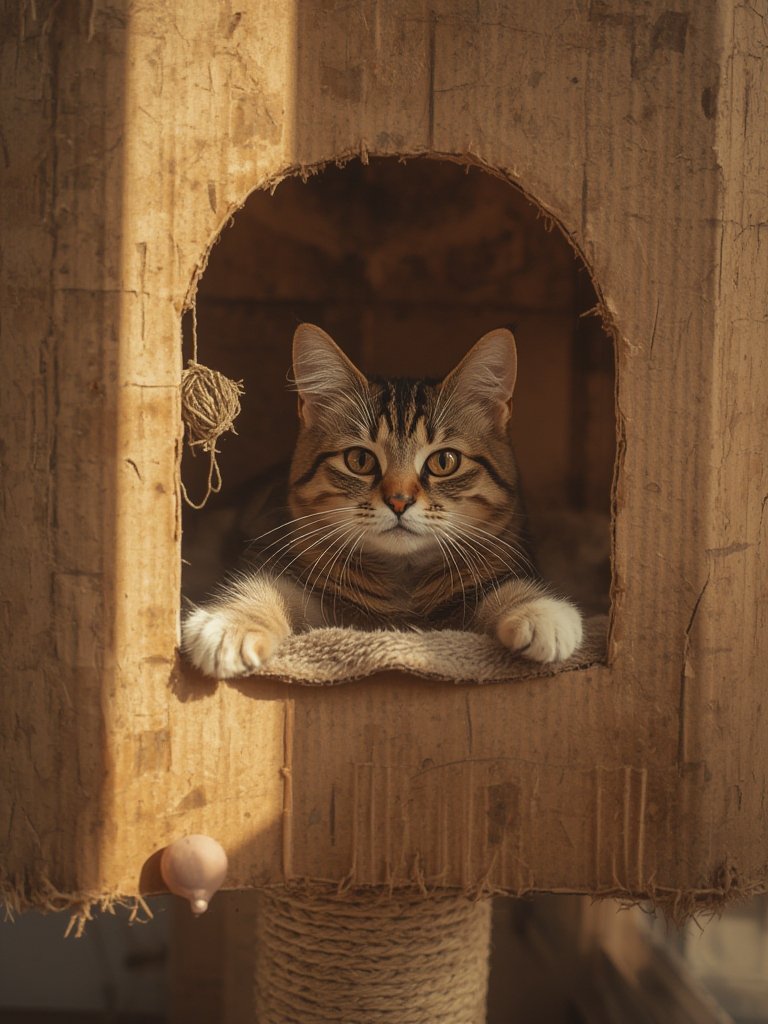 cardboard cat lounging on multi-level tower