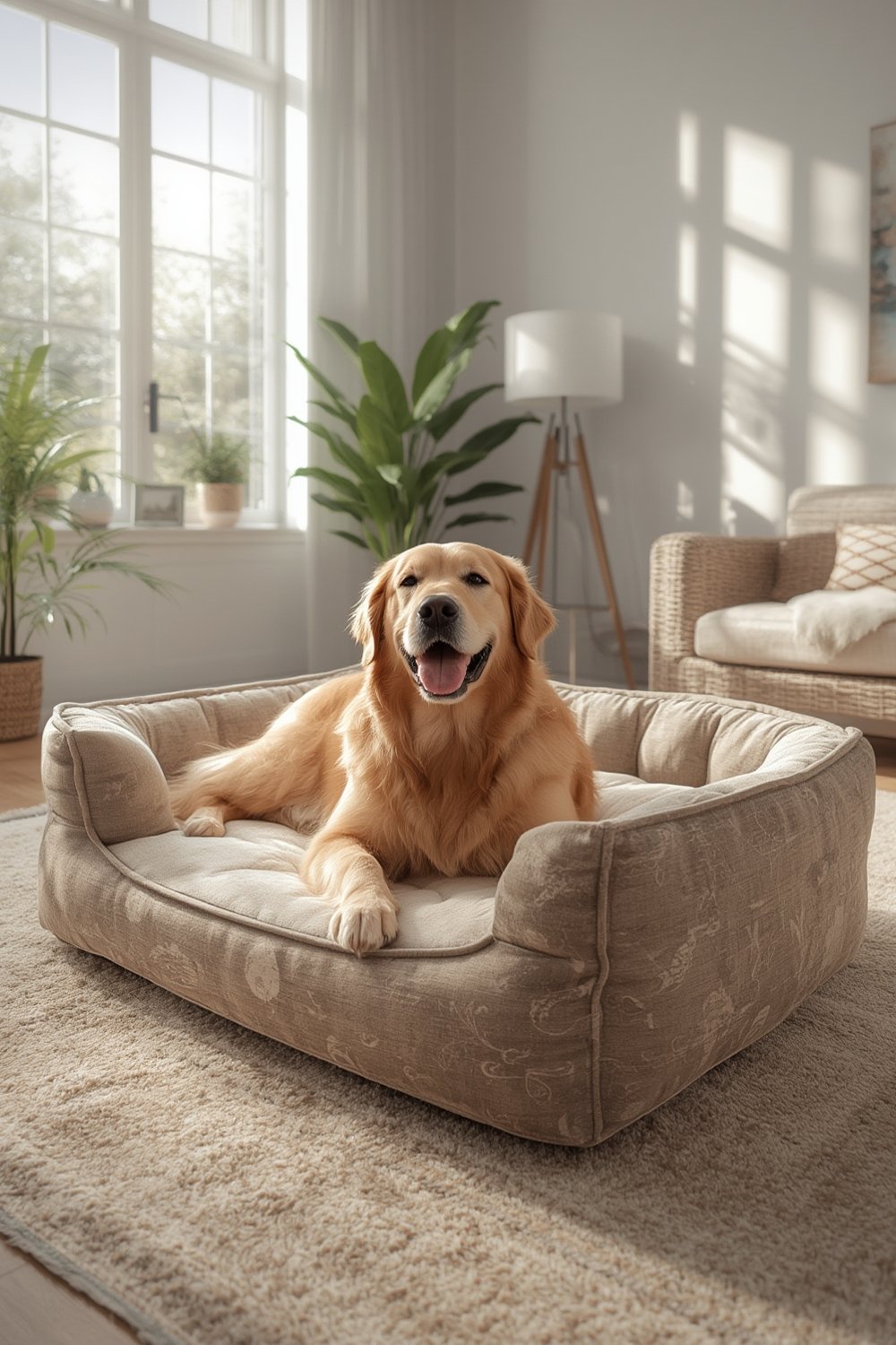 orthopedic dog waking up refreshed on memory foam bed
